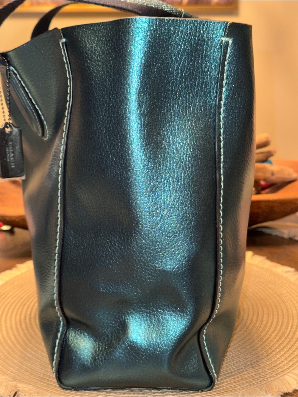 Coach Metallic Teal Women's Tote Bag and GunmetalTag, Suede Interior - NWOT - Picture 3 of 7